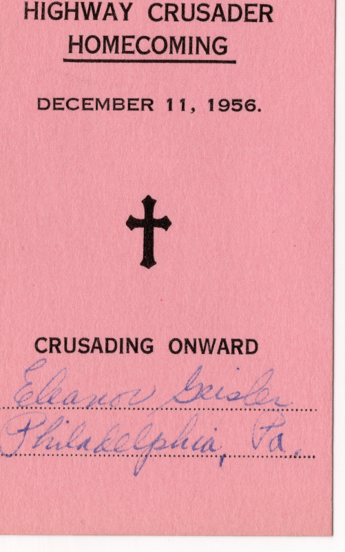 Eleanor Geisler's card that details a December 11, 1956 Highway Crusader Homecoming in Philadelphia