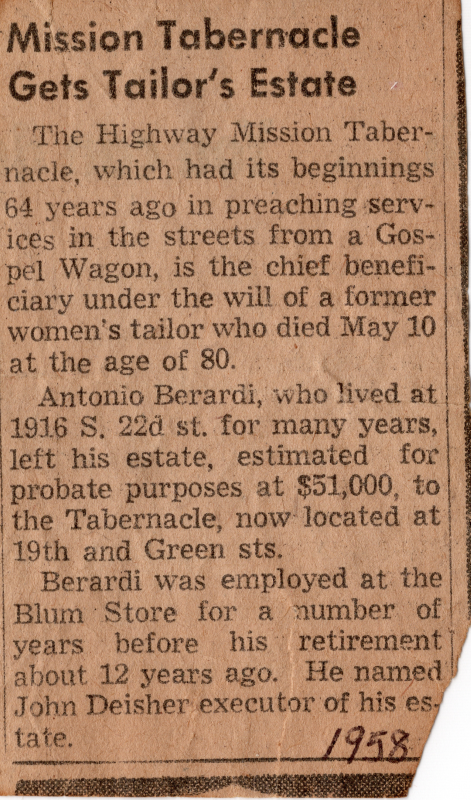Newspaper clipping detailing inherited church property