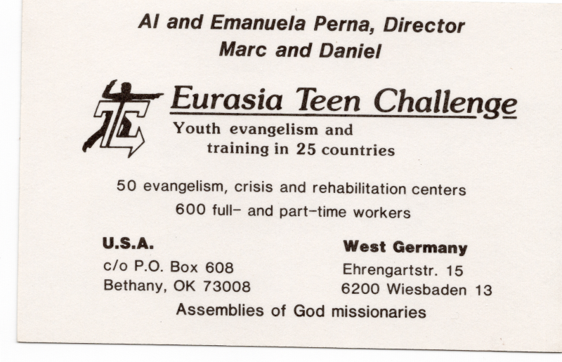 A description of the Perna's missionary work with Eurasia Teen Challenge