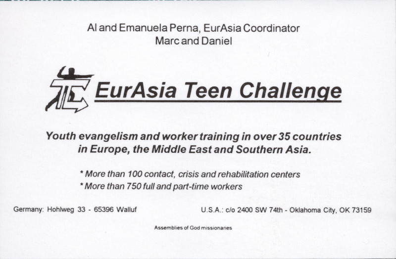 A description of the Perna's missionary work with Eurasia Teen Challenge