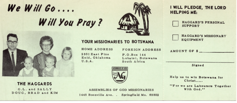 Giving pledge card for G.L. and Sally Haggard, missionaries to Botswana, with their three children