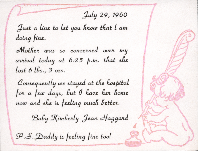 Birth announcement for Kimberly Jean Haggard, daughter of the Haggards, missionaries to Botswana
