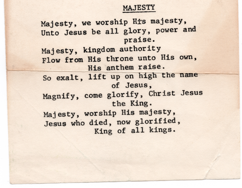A slip of paper containing the lyrics of the song, Majesty