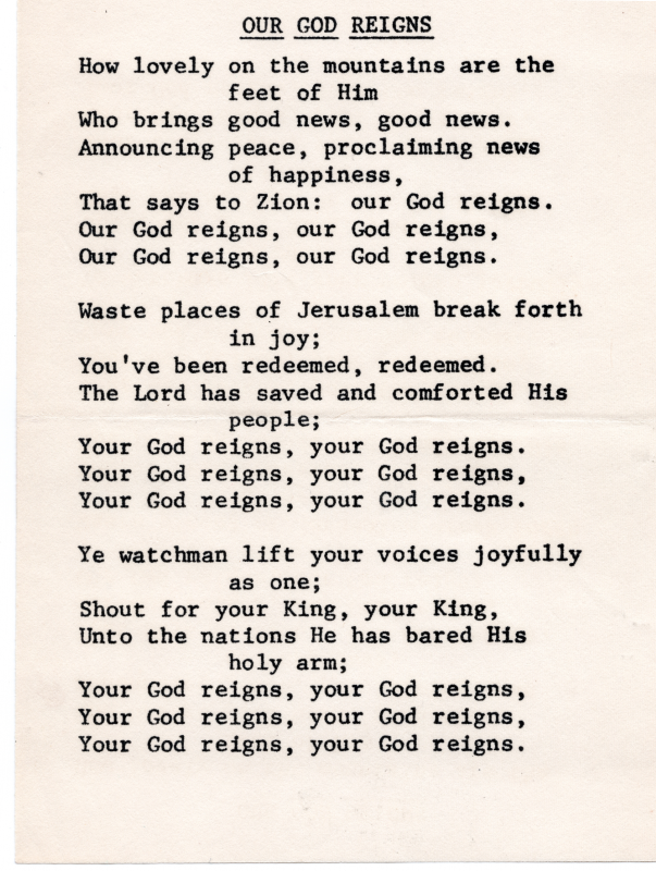 A slip of paper containg the lyrics of the song, Our God Reigns