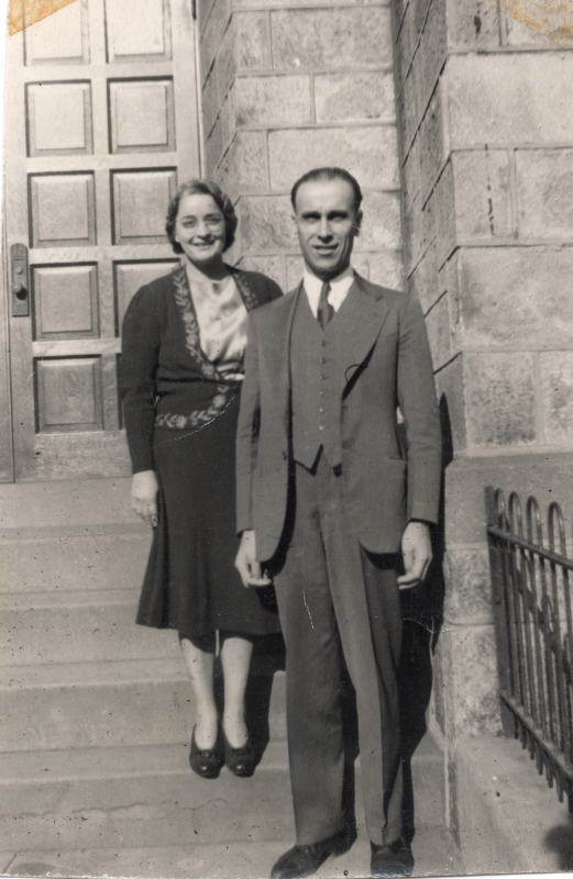 Pastor Bragg with his wife, Edith Bragg, on the steps of Highway Tabernacle at 19th and Green streets