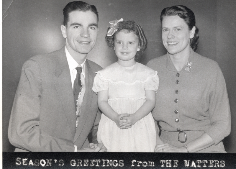 Holiday card from Robert Watters, his wife, Lillian, and their daughter D.A. that reads, "SEASON'S GREETINGS from THE WATTERS" 