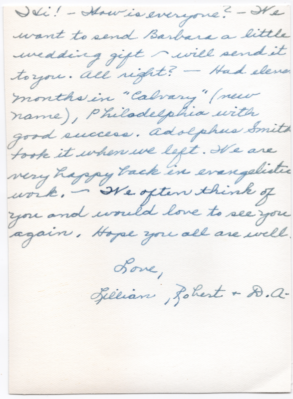 Written greeting from the Watters to Highway Tabernacle