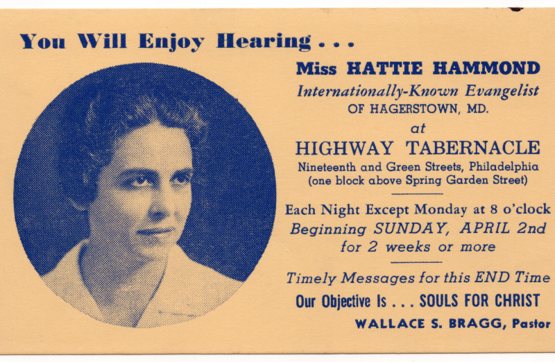 A miniature flier advertises two weeks of services led by Miss Hattie Hammond at Highway Tabernacle on Nineteenth and Green streets