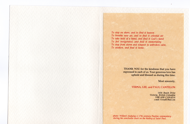 A letter from Verna, Paul, and Lee Cantelon expressing gratitude for the support they received after the passing of Willard Cantelon
