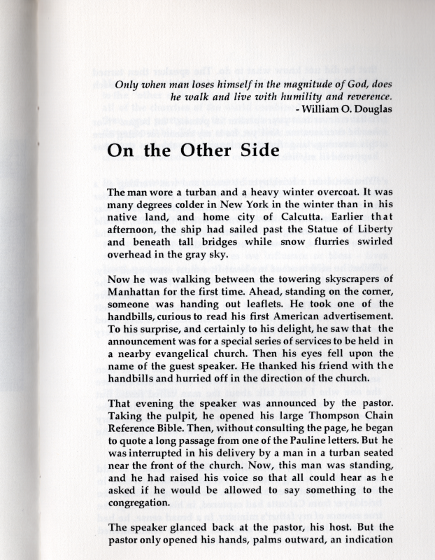 Pages four: blank (not scanned), Page five: Beginninng of reflection "On the Other Side" by Lee Cantelon