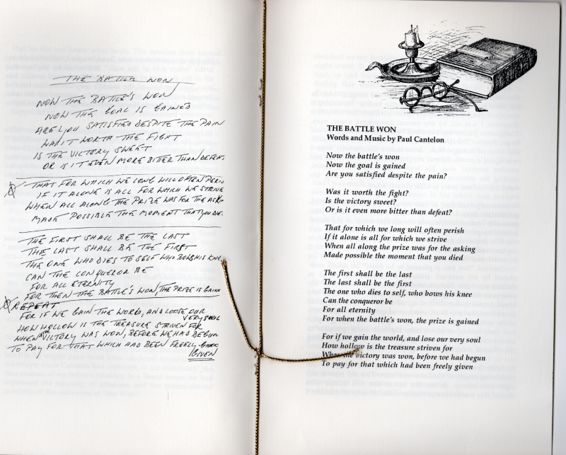 Pages eight and nine: Song written by Paul Cantelon, "The Battle Won" 