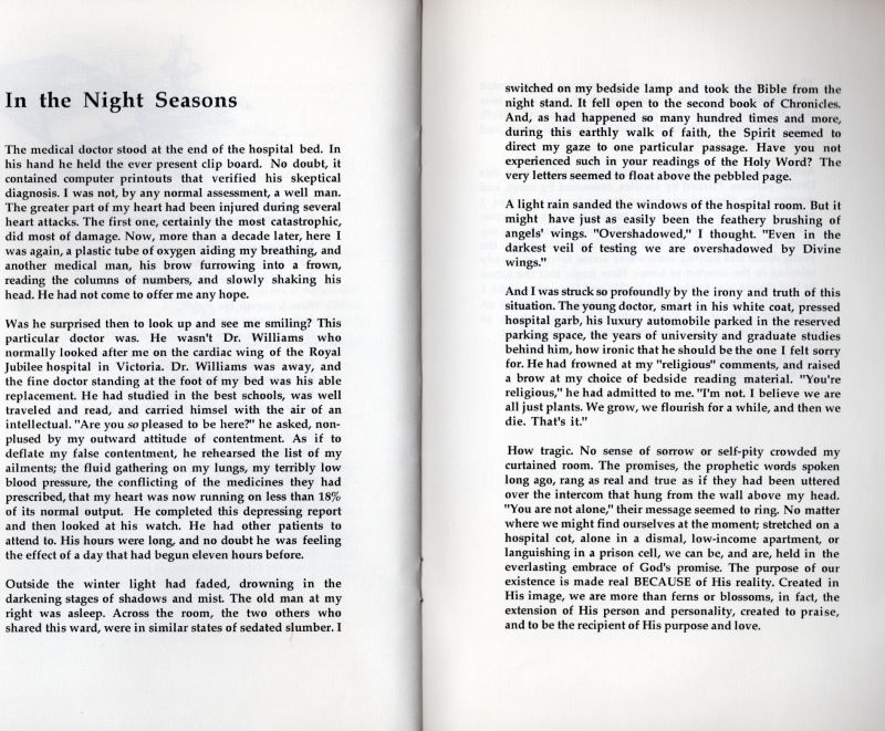 Pages ten and eleven: writing by Willard Cantelon, "In the Night Seasons"