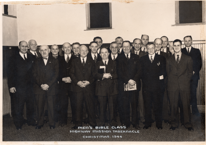 Group portrait of Highway's men's Bible class