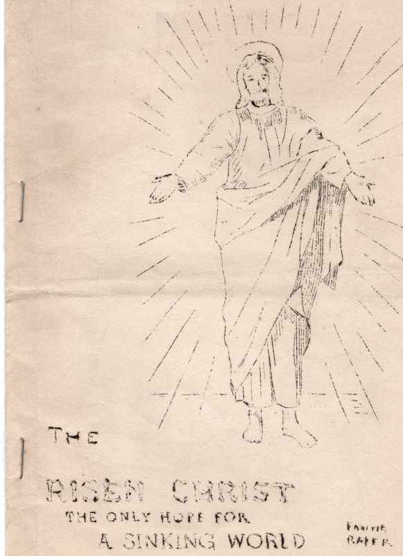 Program title page with a drawing of Jesus and the title, "The Risen Christ The Only Hope for a Sinking World"