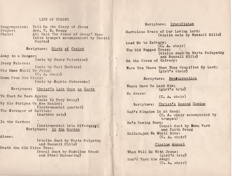 Page two: scriptures, songs, and prayers related to the birth of Christ, and his life on earth, Page three: scriptures, songs, and prayers related to Christ's crucifixion, resurrection, and second coming