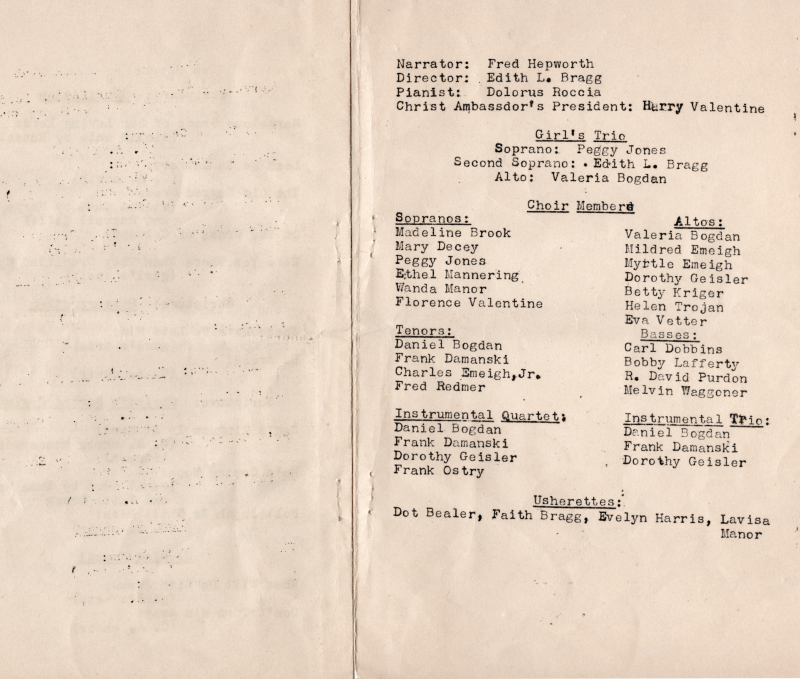 Page four: blank, Page five: names choir members, usherettes, narrator, pianist, and directors