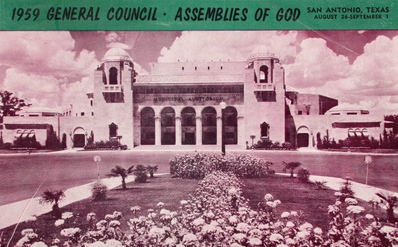A picture of the Municipal Auditorium in San Antonio, Texas, with text reading, "1959 General Council Assemblies of God San Antonio, Texas, August 26-September 1"