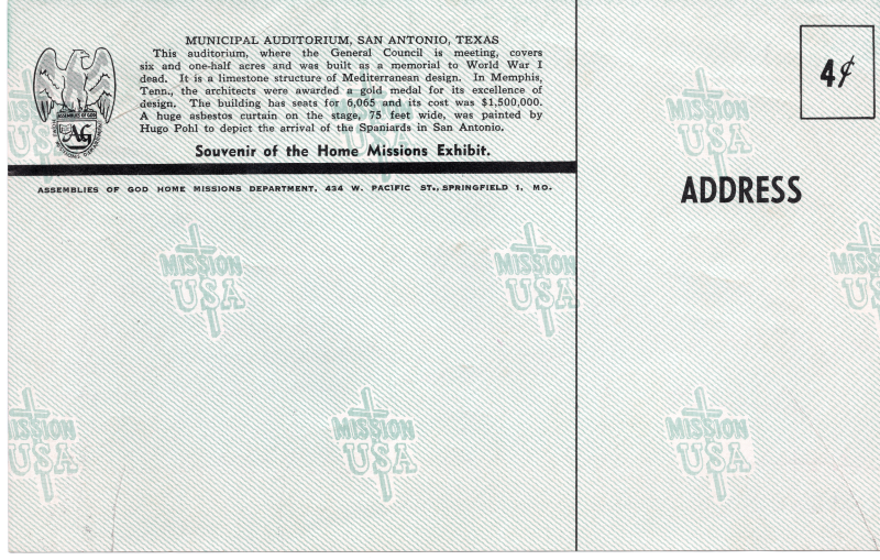 A textual description of the Municipal Auditorium in San Antonio, Texas, and markers of the AG General Council