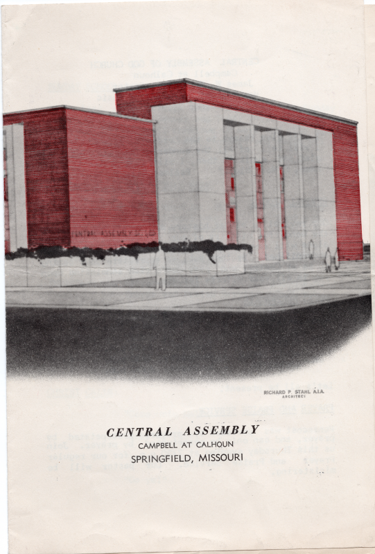 Title page: A drawing of the Central Assembly of God by architect Richard P. Stahl and text reading, "Central Assembly Campbell at Calhoun Springfield, Missouri"