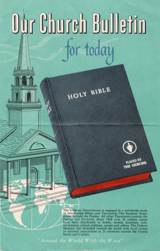 Front cover: A picture of a Gideon Bible with the title, "Our Church Bulletin for today"