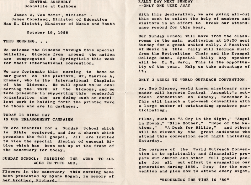 Page two: introduction of leading ministers, introduction of the Gideons, sunday school, memorial for Lynne Hogan, Page three: preparing for rally day, preparing for world outreach convention, preparing for 1959