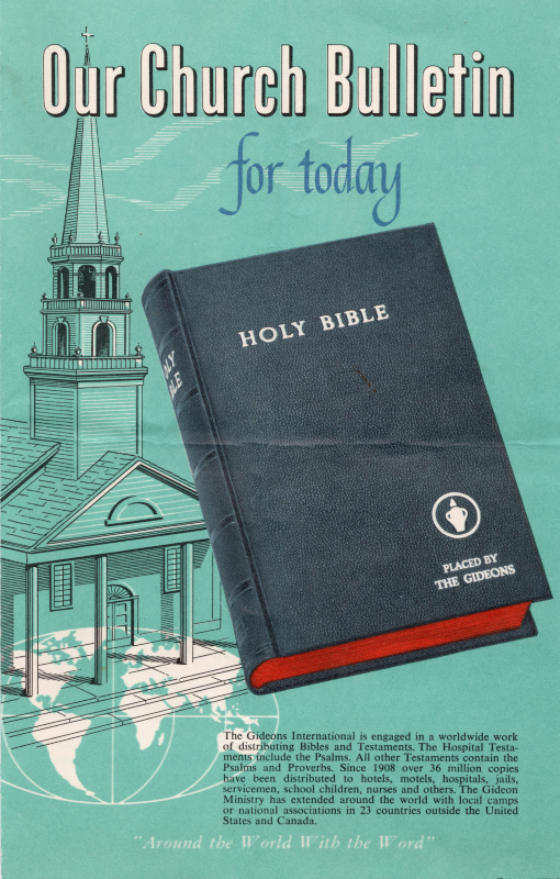 Front cover: A picture of a Gideon Bible with the title, "Our Church Bulletin for today"