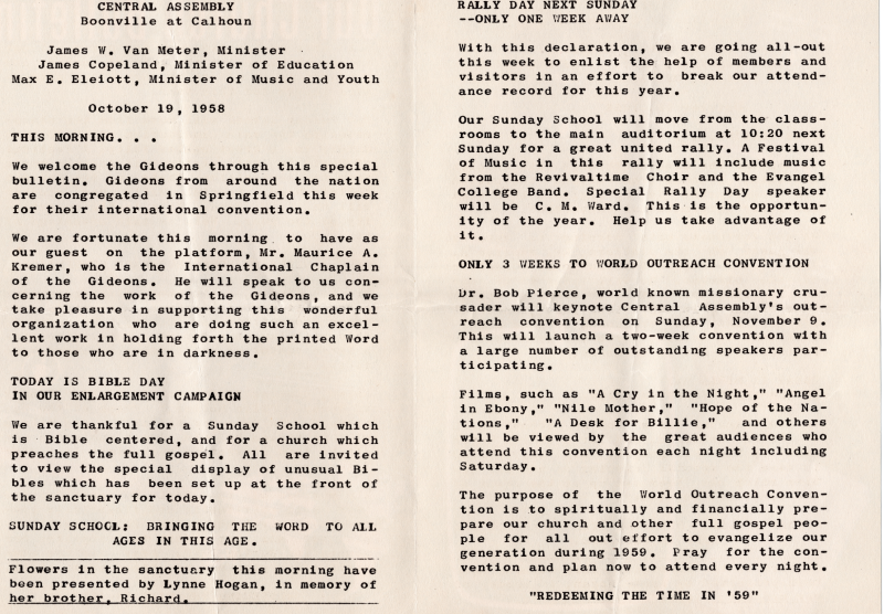 Page two: introduction of leading ministers, introduction of the Gideons, sunday school, memorial for Lynne Hogan, Page three: preparing for rally day, preparing for world outreach convention, preparing for 1959