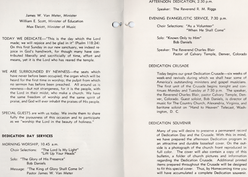 Page three: introduction of ministers, dedication purpose, guests, order of worship, Page four: order of worship. announcement of dedication crusade, announcement of dedication souvenir