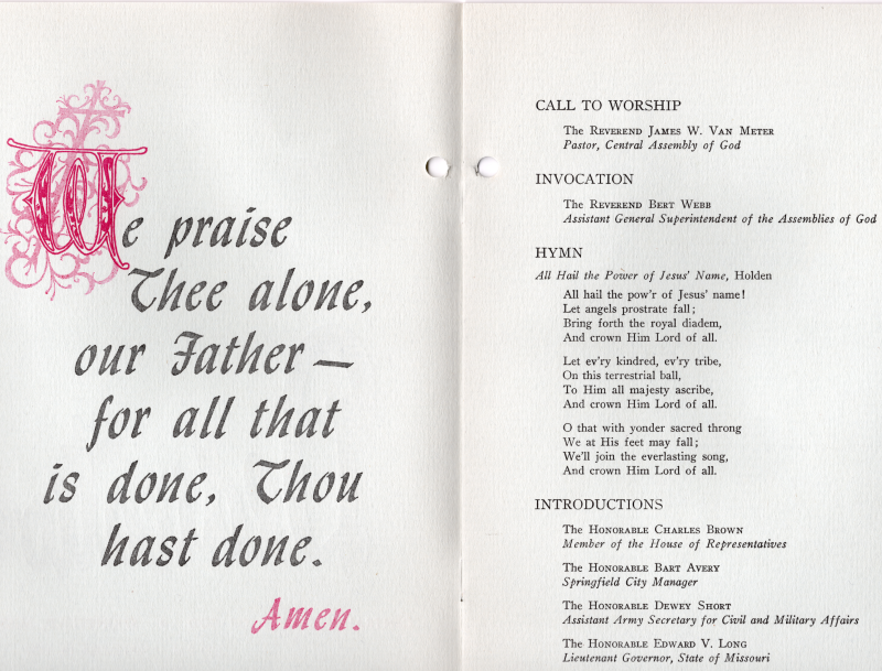 Page seven: opening prayer, Page eight: call to worship, invocation, hymn, introduuctions