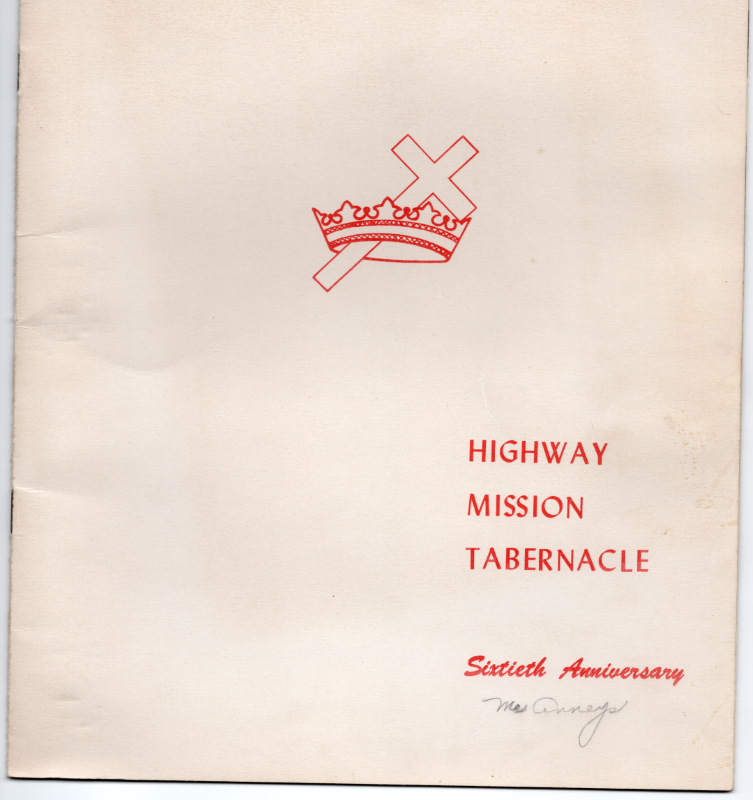 Front cover: cross and crown logo with text: "Highway Mission Tabernacle Sixtieth Anniversary"