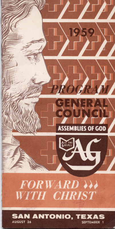 Front cover: Portrait of Jesus with the AG Logo and text: "1959, Program General Council, Forward with Christ, San Antonio, Texas, August 26 - September 1"