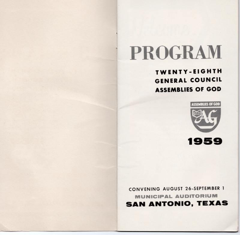 Page one: blank, Page two: "Program Twenty-Eighth General Council Assemblies of God 1959 Convening August 26-September 1 Municipal Auditorium San Antonio, Texas"