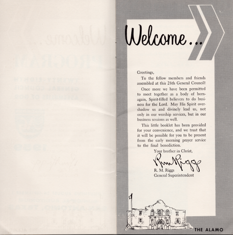 Page three: blank, Page four: welcome letter from General Superintendent, R. M. Riggs