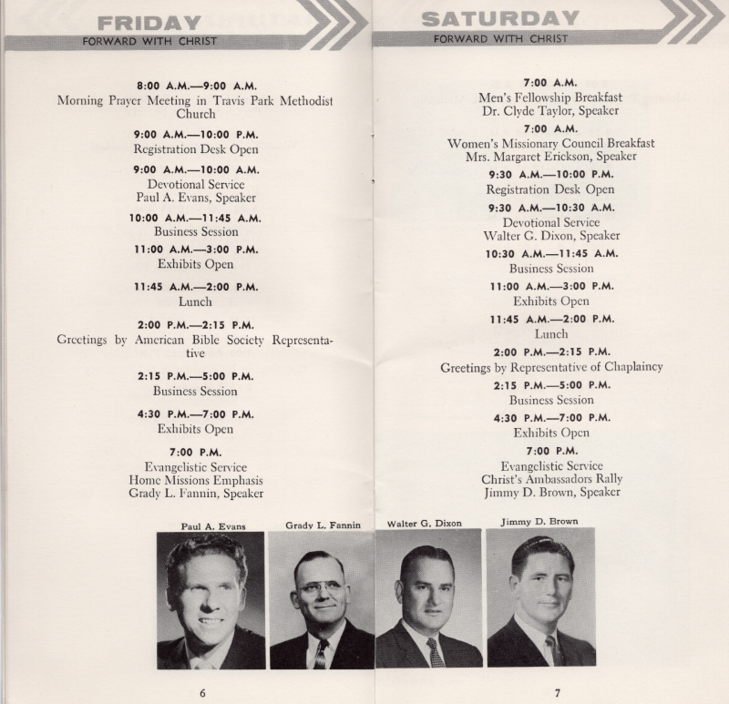 Page seven: Friday schedule, Page eight: Saturday schedule