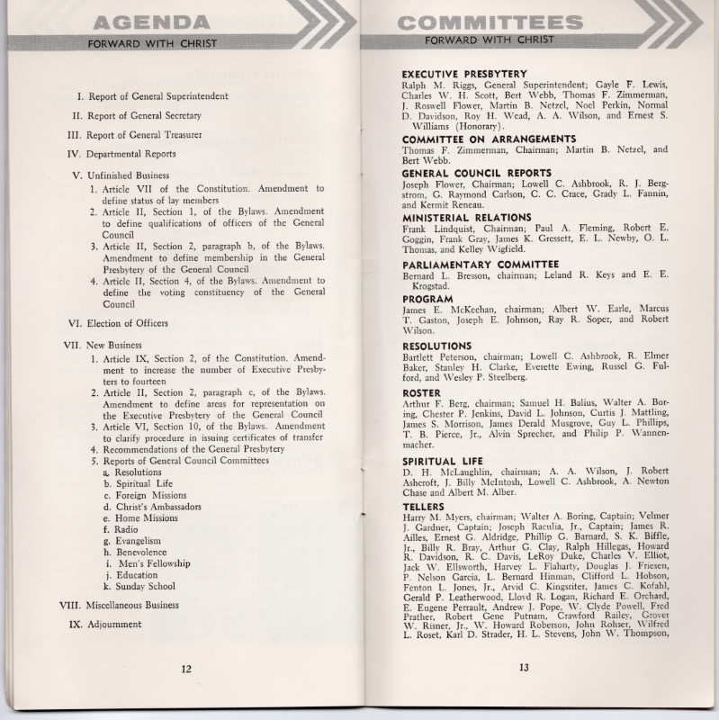 Page thirteen: agenda, Page fourteen: committees