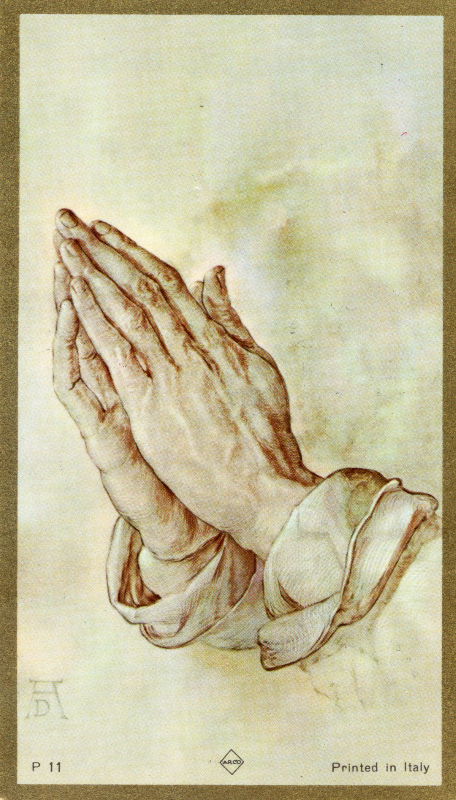 Front side of a funeral card displaying Jesus' hands
