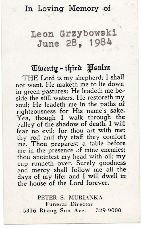 Back side of a funeral card remembering the passing of Leon Grzybowski in 1984