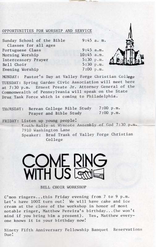 Upcoming opportunities for worship and service, an invitation to a bell choir workshop, and a reminder to  reserve a place at the 95th Anniversary celebration