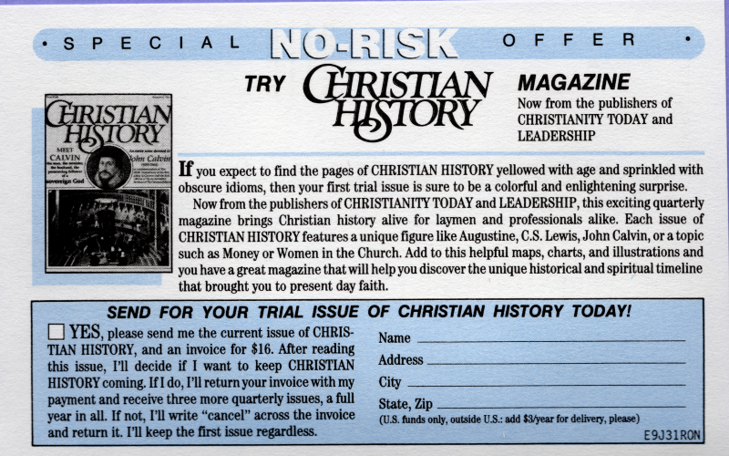 Advertisement for a subscription to the "Christian History" magazine