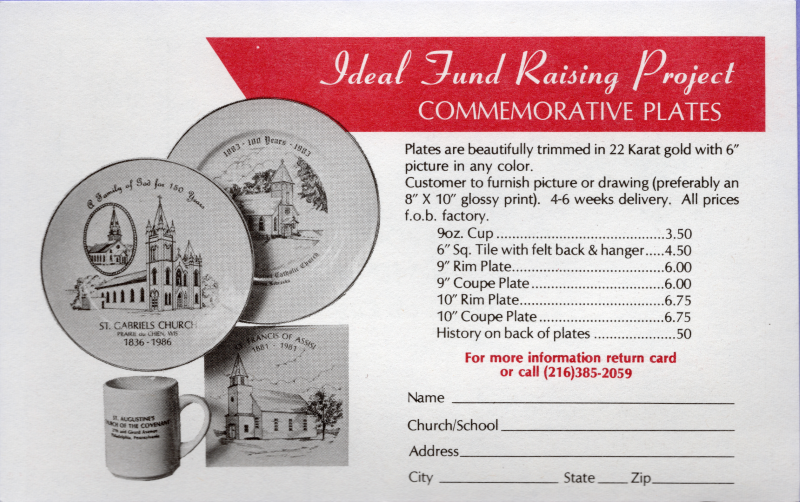 An advertisement for commemorative plates as a church fundraiser