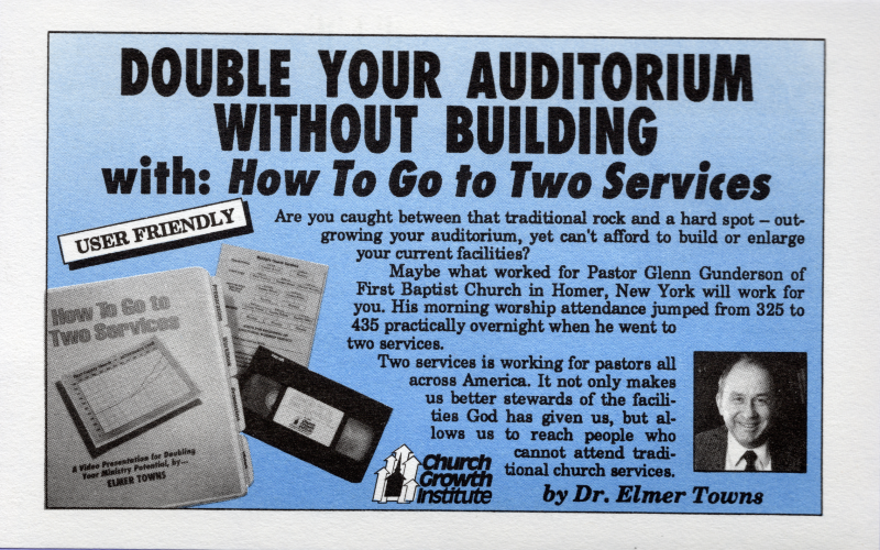 A tape advertisement from Dr. Elmer Towns as a guide to offering two services for congregations too large for the buildings without the resources to expand their physical buildings