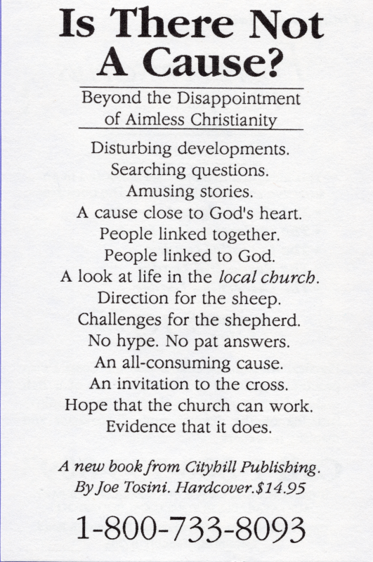 Advertisement for book "Is There Not a Cause? Beyond the Disappointment of Aimless Christianity" by Joe Tosini from Cityhill Publishing