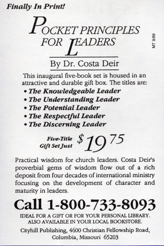Advertisement for book "Pocket Principles for Leaders" by Dr. Costa Deir from Cityhill Publishing