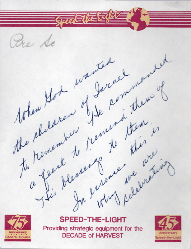 Mrs. Bogdan's note about feasts and reminders of God's blessings on Speed the Light's 45th Anniversary paper