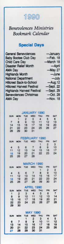 January to May 1990 calendar with significant dates to Benevolences Ministries