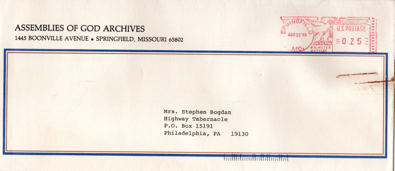 Envelope containing a letter from the AG Archives to Mrs. Bogdan