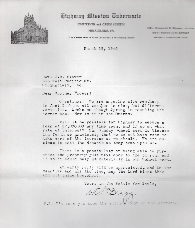 Copy of a letter to the General Secretary inquiring about a loan to expand the Sunday School program