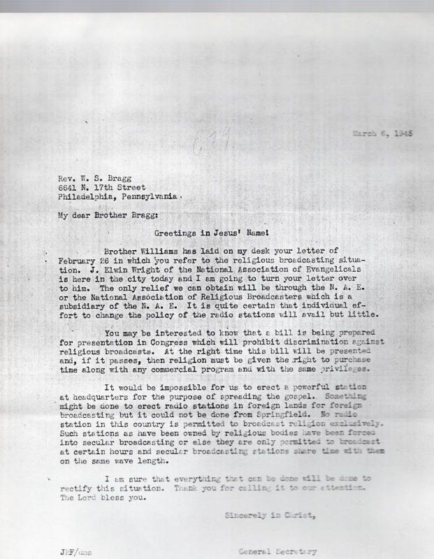 Copy of a letter written by the General Secretary to Rev. Bragg about religious radio broadcasts