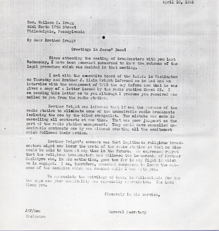 Copy of a letter to Rev. Bragg about religious radio broadcasting