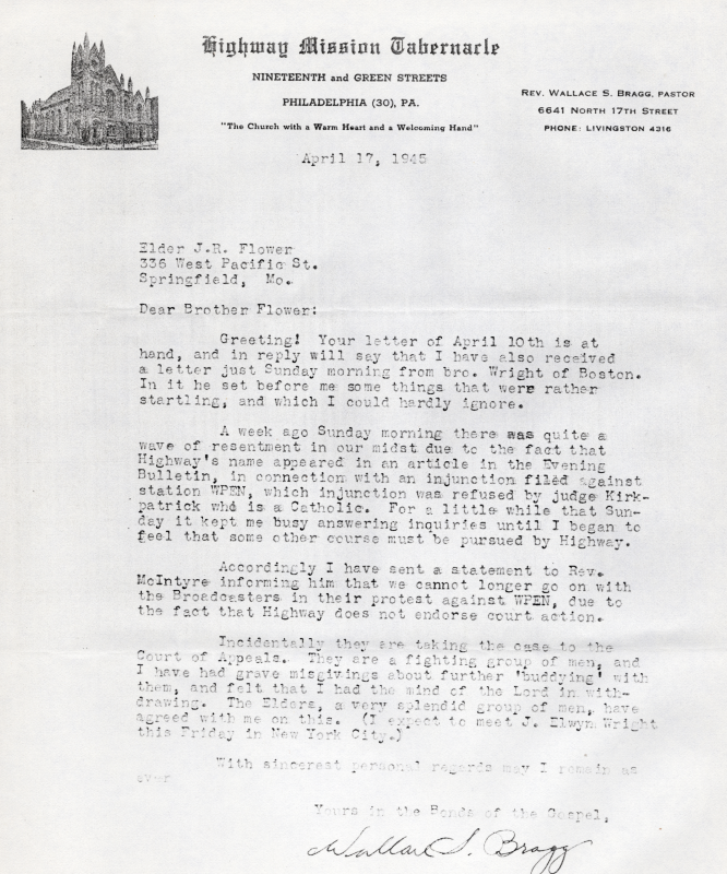 Copy of a letter from Reverend Bragg to the General Secretary about radio broadcasting